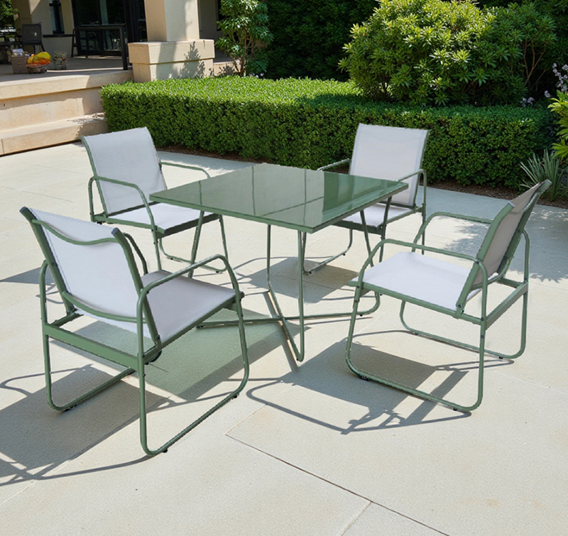 5-Piece Outdoor Dining Set with Tempered Glass Table and Sling Chairs – Steel Frame for Patio or Garden