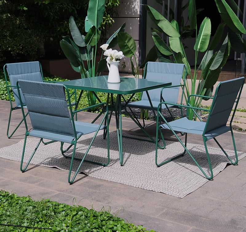 5-Piece Square Tempered Glass Outdoor Dining Set SF6416 with Sturdy Steel Frame and Sling Chairs